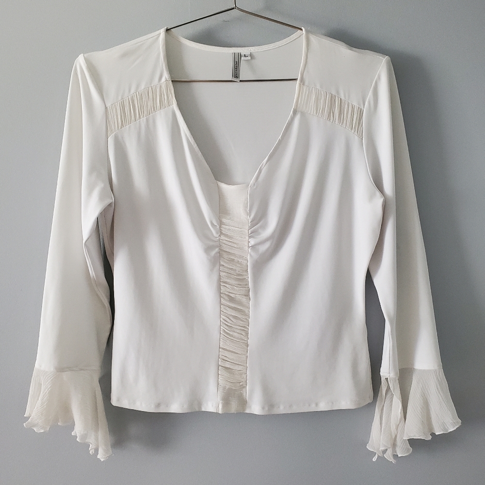 Parameter V-Neck Three-quarter Silk Ruffle Sleeve Blouse Size L